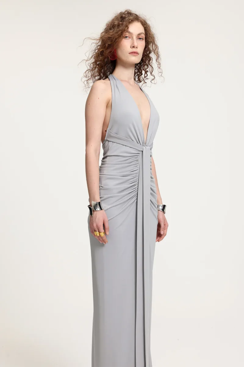 Vestido Maxi Decote Mergulho com Franzidos