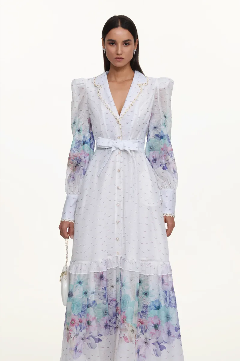 Vestido Maxi Rina Resort Floral com Manga Longa e Babado