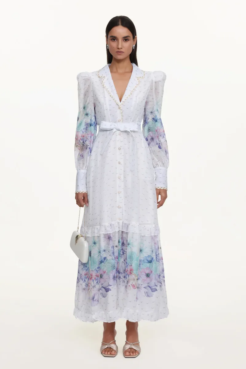 Vestido Maxi Rina Resort Floral com Manga Longa e Babado