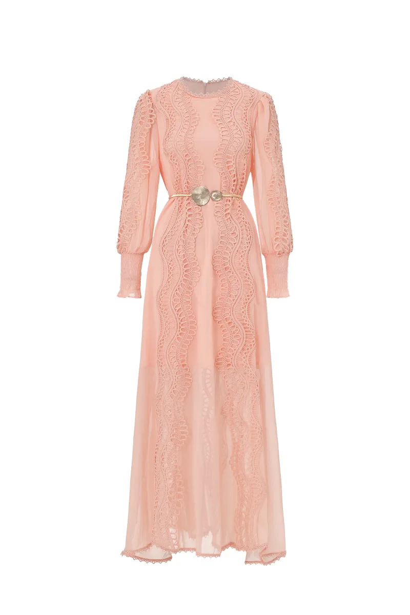 Vestido Maxi Pola Resort Renda Floral Rosa