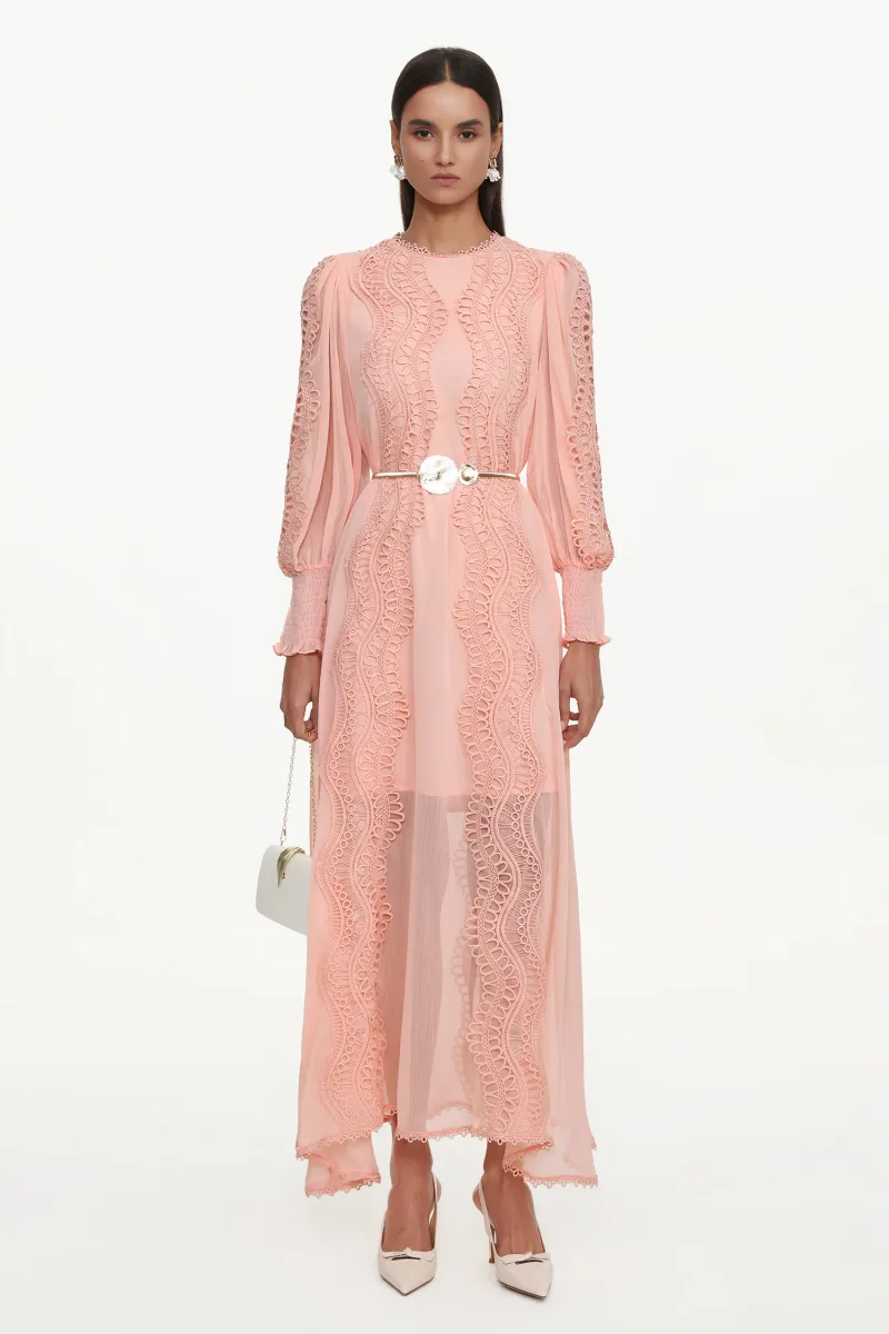Vestido Maxi Pola Resort Renda Floral Rosa