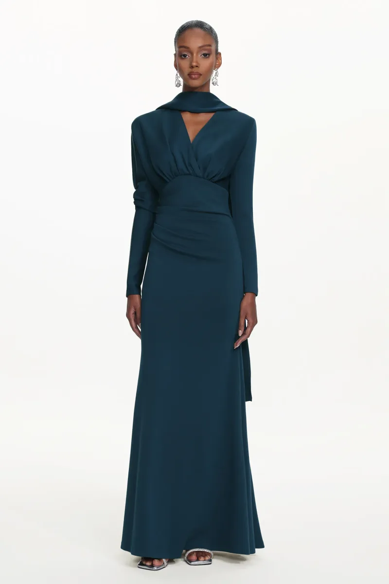 Vestido Maxi Susa com Decote V, Manga Longa e Franzidos