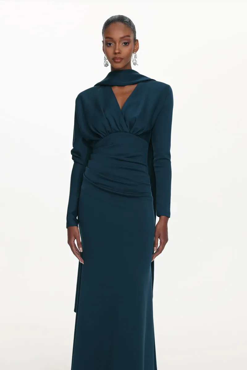 Vestido Maxi Susa com Decote V, Manga Longa e Franzidos