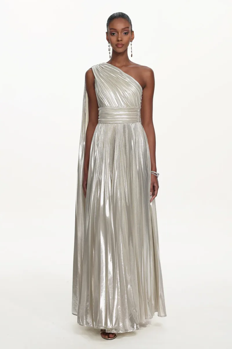 Vestido Maxi Leyla com Um Ombro, Drapeado e Pregas Metalizadas
