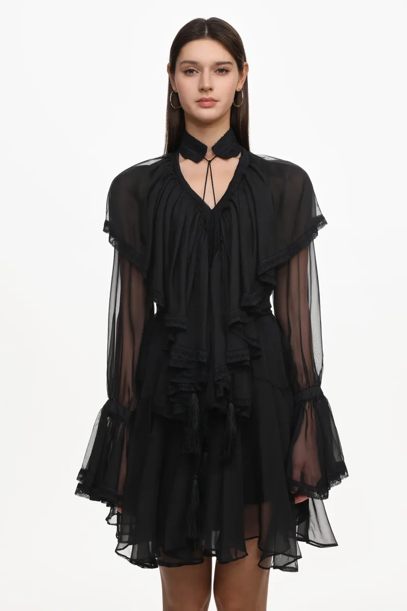 Vestido Mini Jesse Resort com Manga Longa e Tule