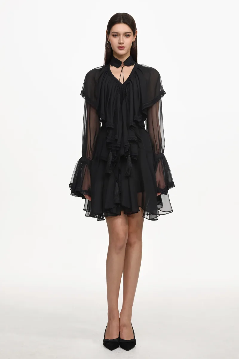 Vestido Mini Jesse Resort com Manga Longa e Tule