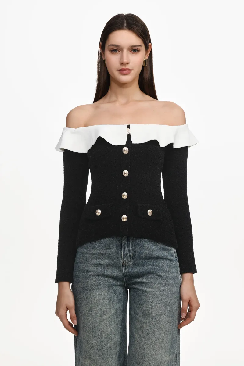 Top Vintage Mignon Ombro a Ombro com Manga Longa