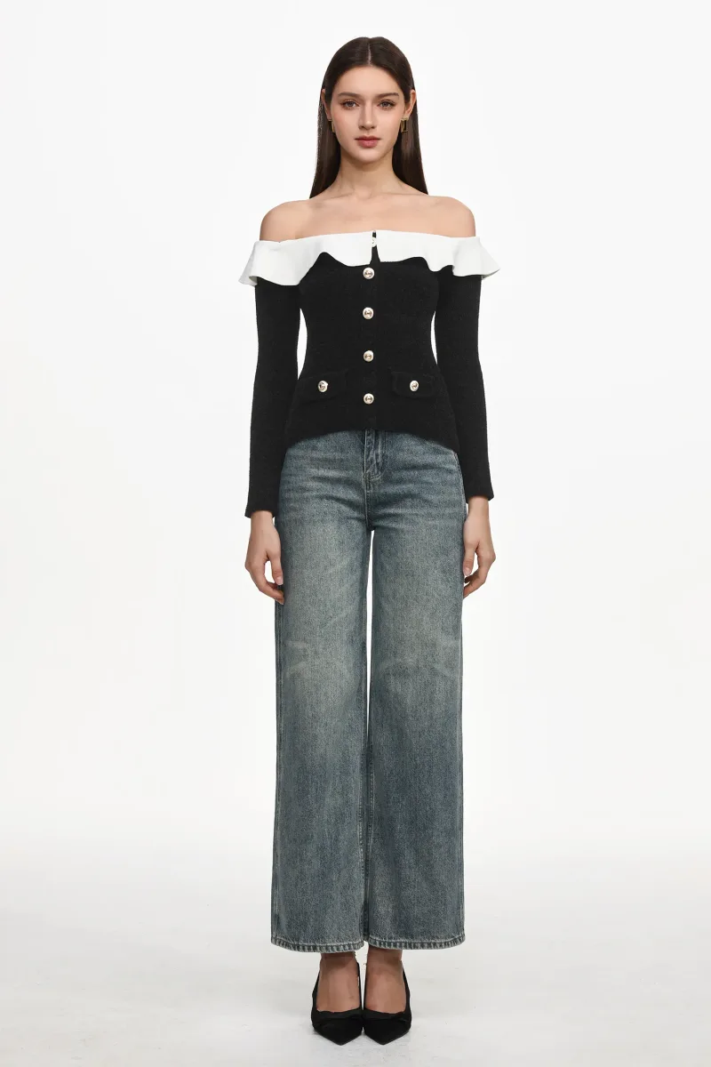 Top Vintage Mignon Ombro a Ombro com Manga Longa
