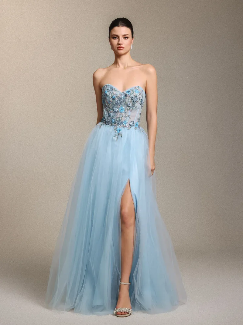 Vestido Maxi Geraldine em Tule com Aplicações Florais