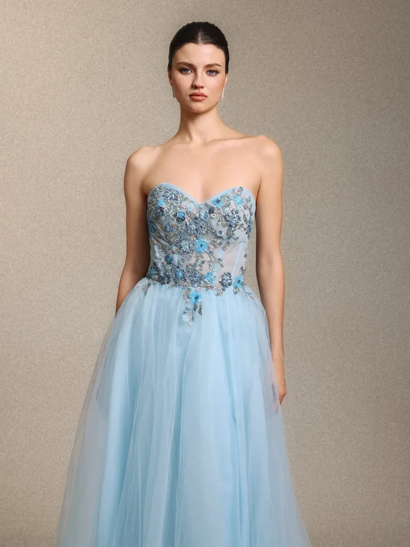 Vestido Maxi Geraldine em Tule com Aplicações Florais