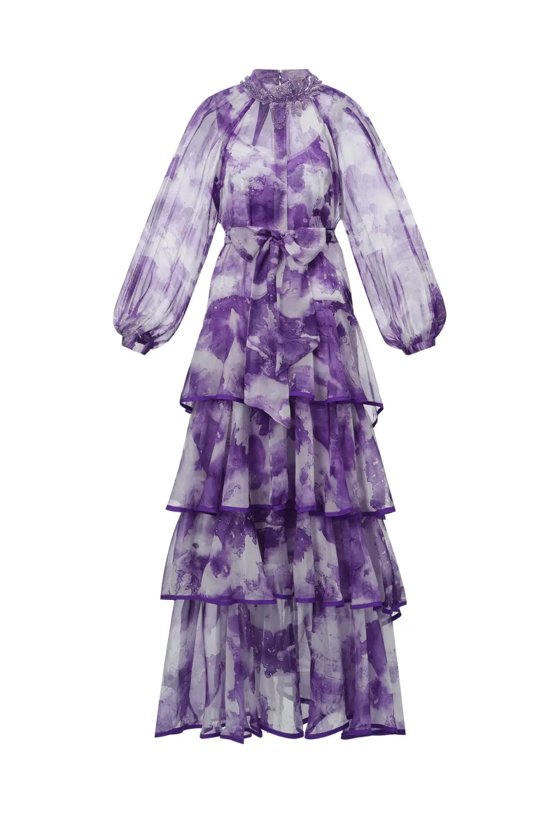 Vestido Maxi Jolie com Decote Redondo, Manga Longa e Padronagem Floral