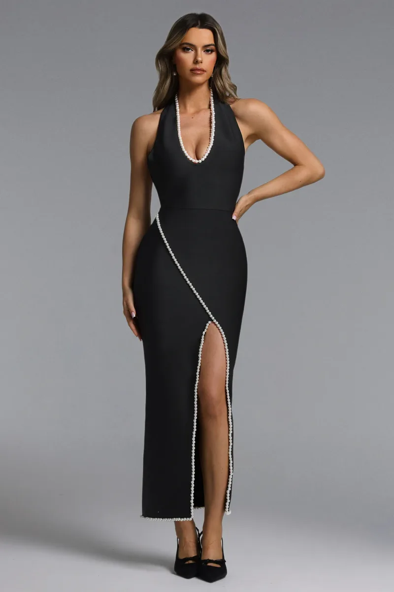 Vestido Maxi Keeli com Pérolas e Fenda Alta