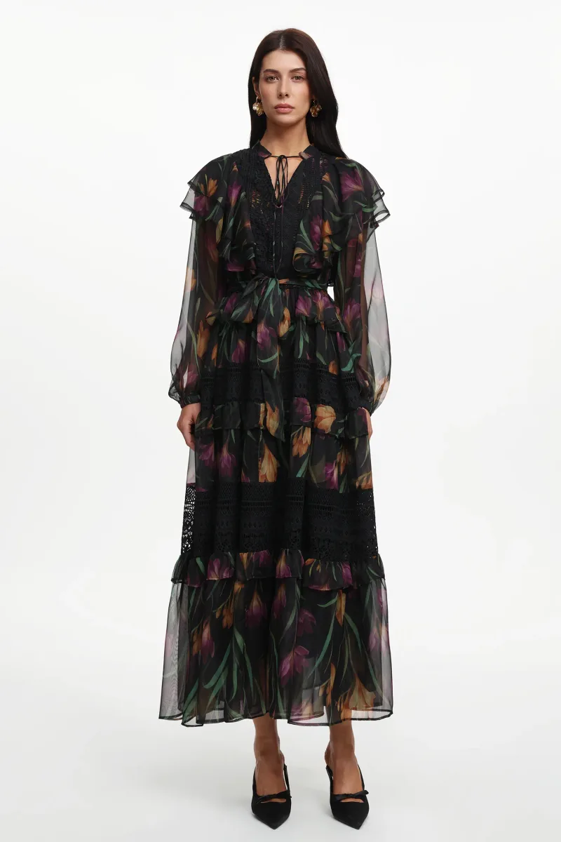 Vestido Longo Gilian Resort em Tecido com Estampa Floral e Babado