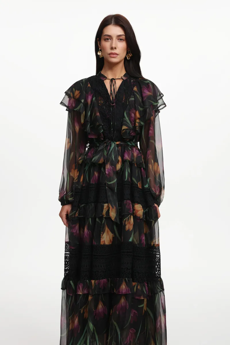Vestido Longo Gilian Resort em Tecido com Estampa Floral e Babado