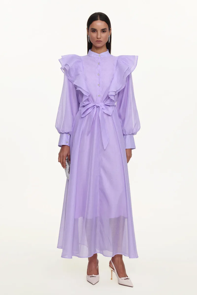 Vestido Longo Hattie Resort com Manga Bufante, Babado e Detalhes em Strass