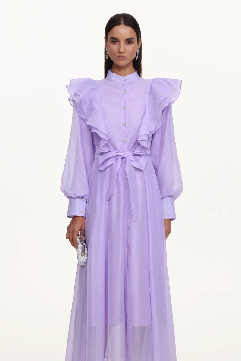 Vestido Longo Hattie Resort com Manga Bufante, Babado e Detalhes em Strass