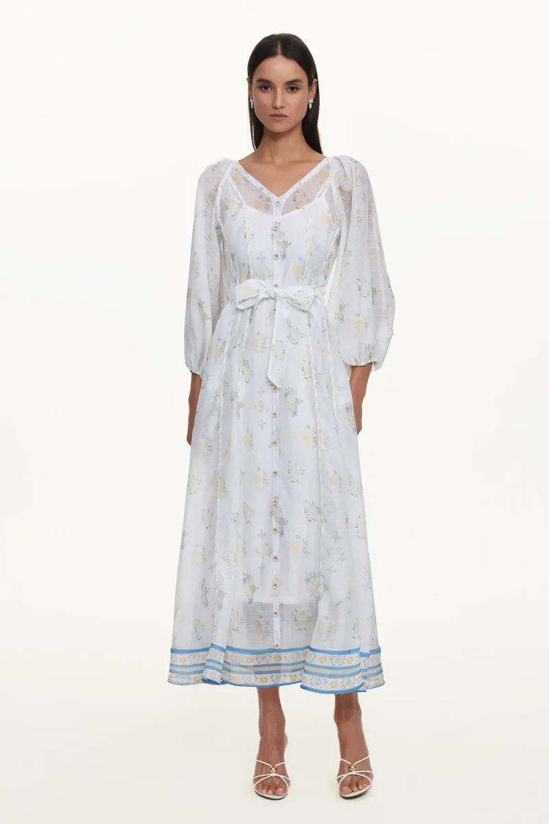 Vestido Longo Jinx Resort com Decote em V, Manga Longa e Estampa Floral