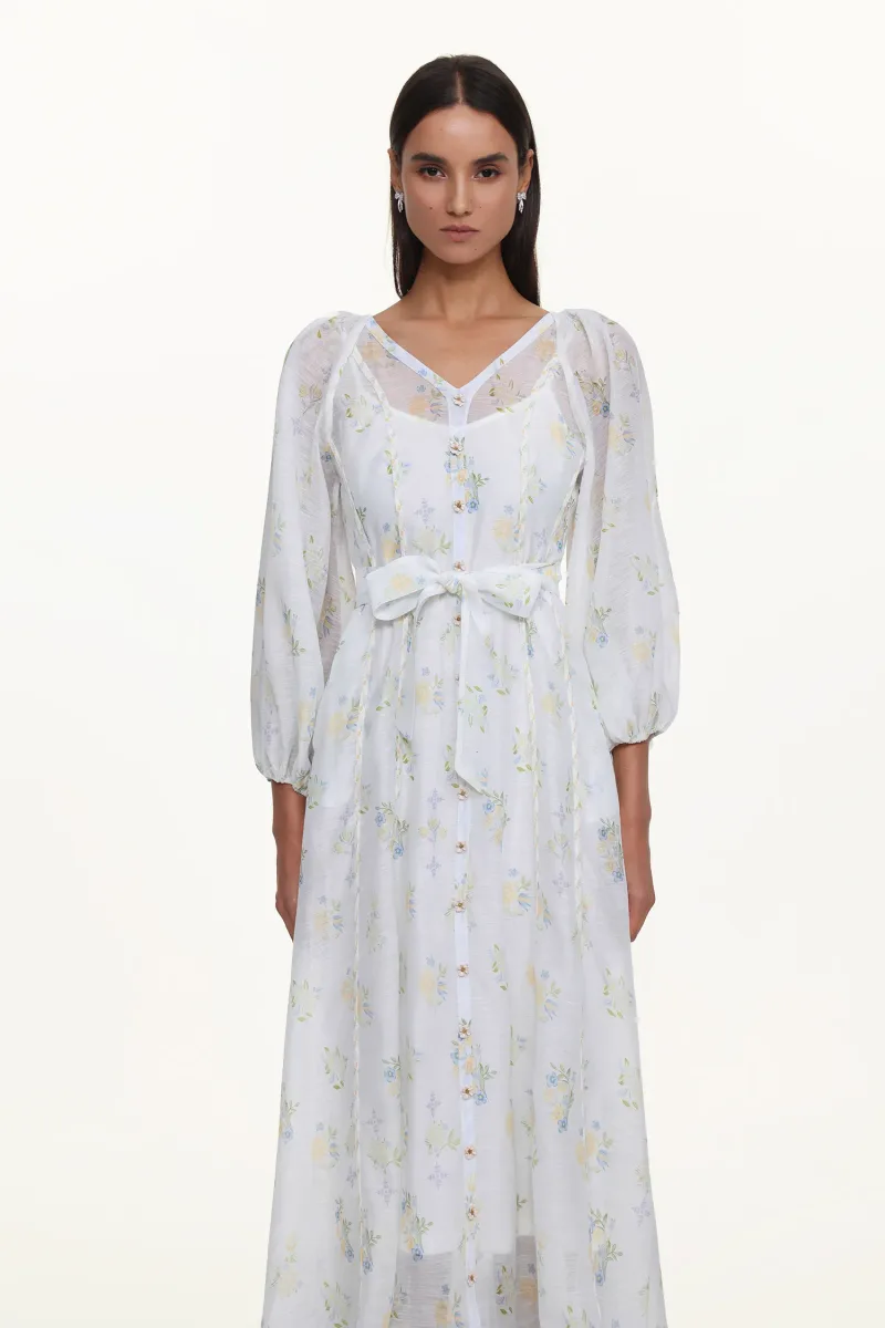Vestido Longo Jinx Resort com Decote em V, Manga Longa e Estampa Floral