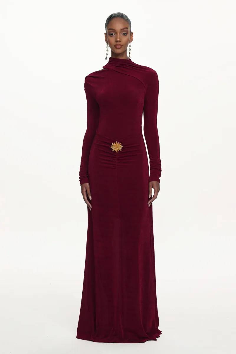 Vestido Maxi Faithe em Tricô Franzido com Manga Longa