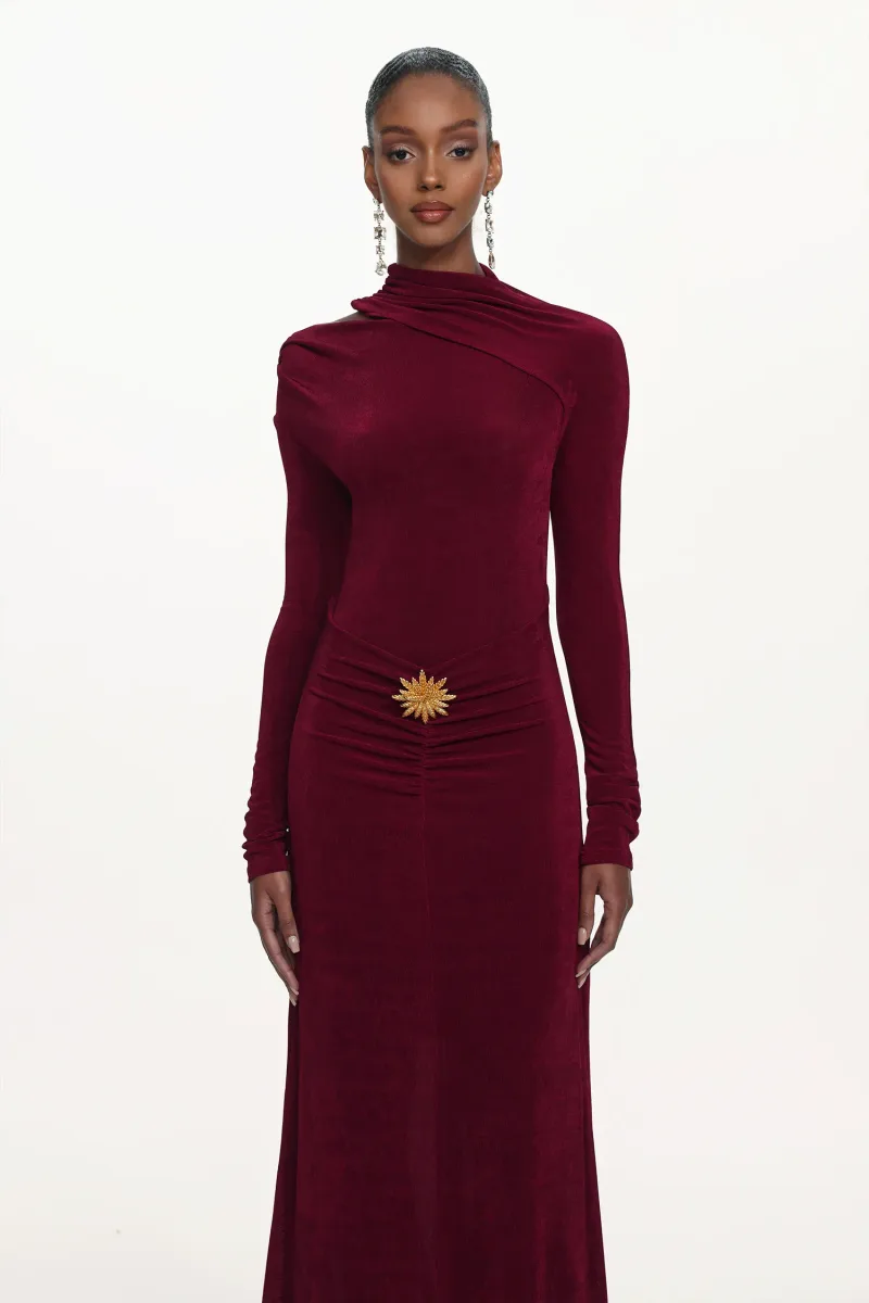 Vestido Maxi Faithe em Tricô Franzido com Manga Longa