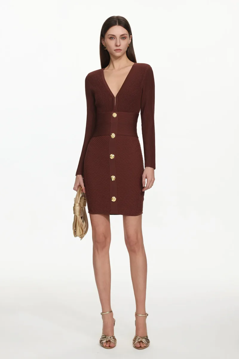 Vestido Midi Davo em Tricô com Decote V e Botões