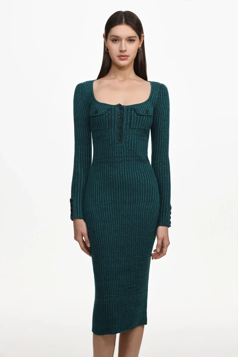 Vestido Midi Takada em Tricô com Mangas Longas