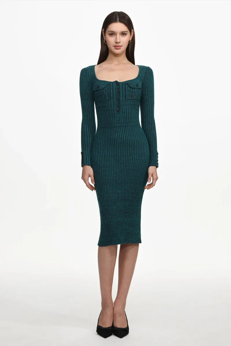 Vestido Midi Takada em Tricô com Mangas Longas