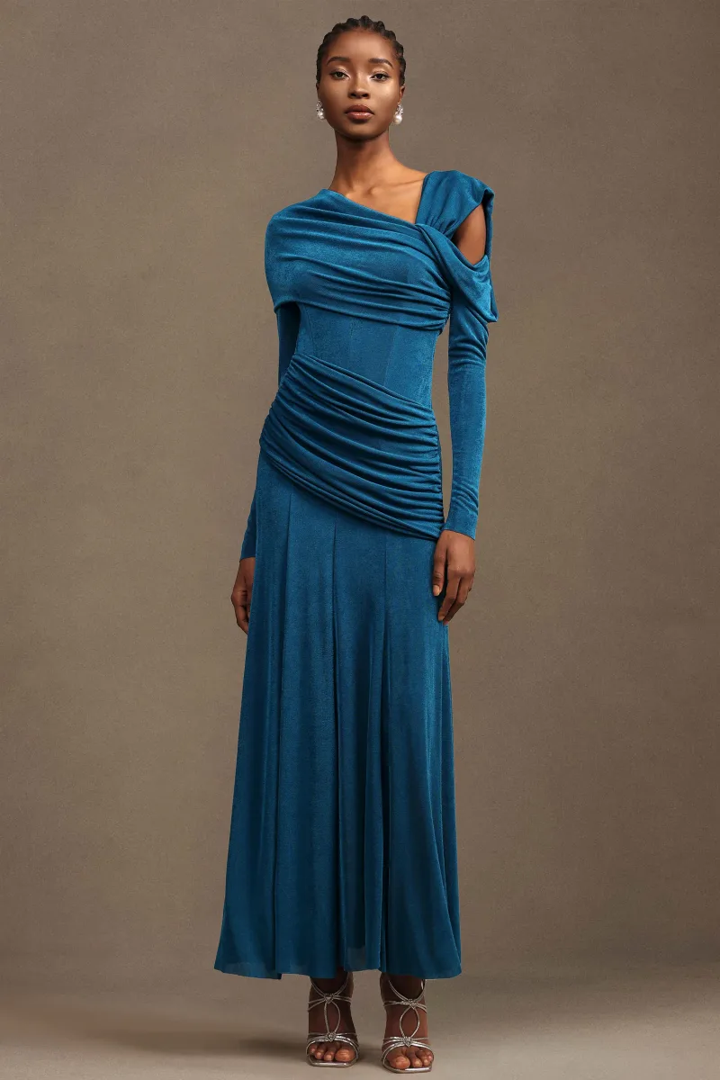 Vestido Luysa: Maxi com Um Ombro e Rugas Estruturantes