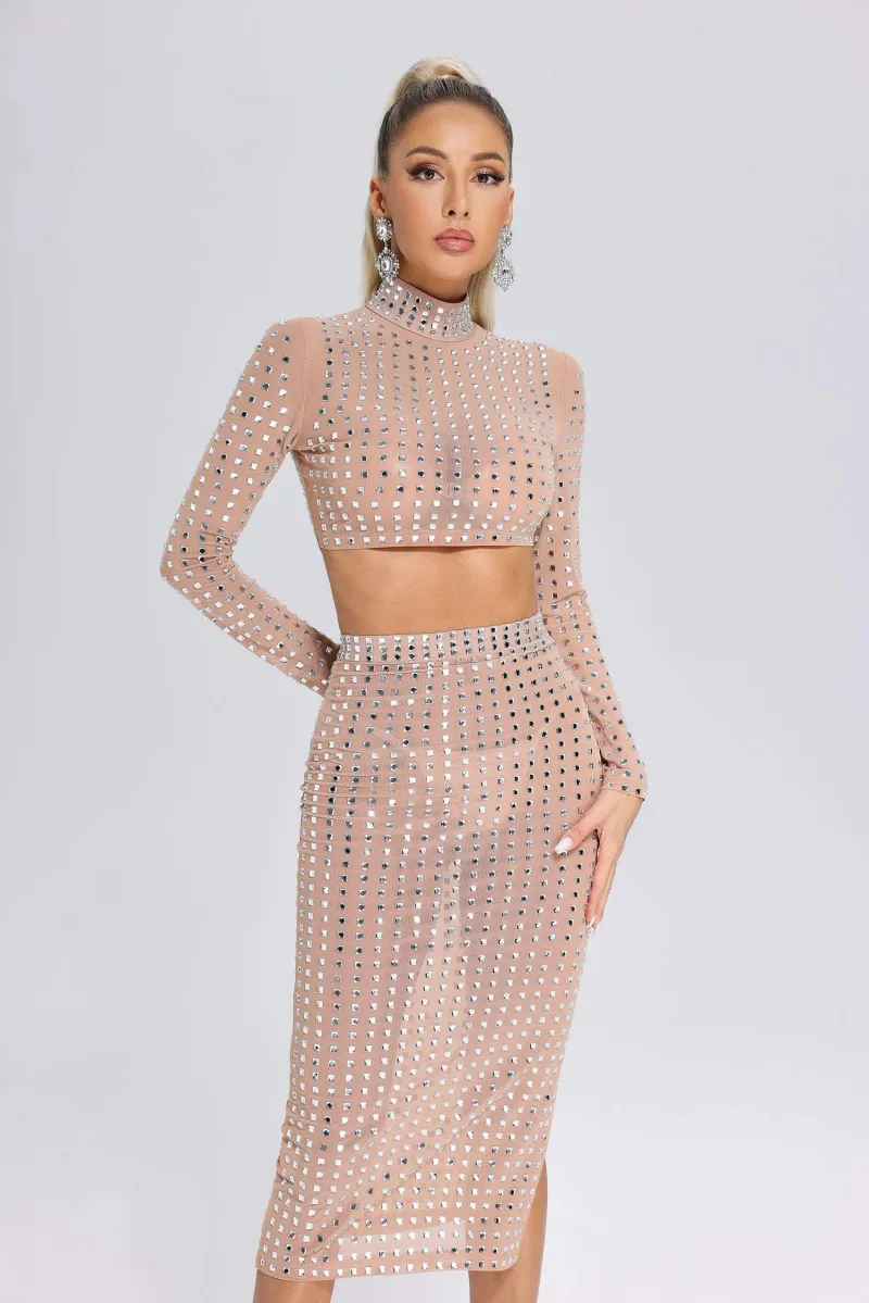 Co-ord Set Elizabeth com Tule e Aplicações Diamante - Bege