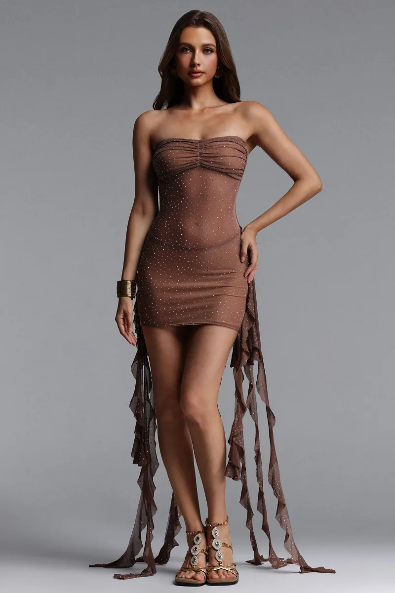 Vestido Mini Joclyn - Sem Mangas, Contornado, com Aplicações Rhinestone em Tule