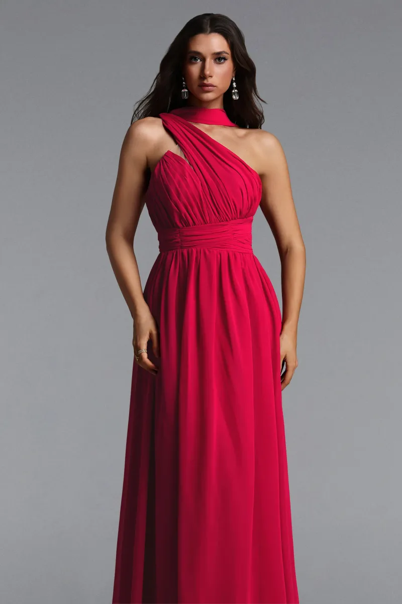 Vestido Maxi Naida Elegante Ombro Único Lenço Plissado