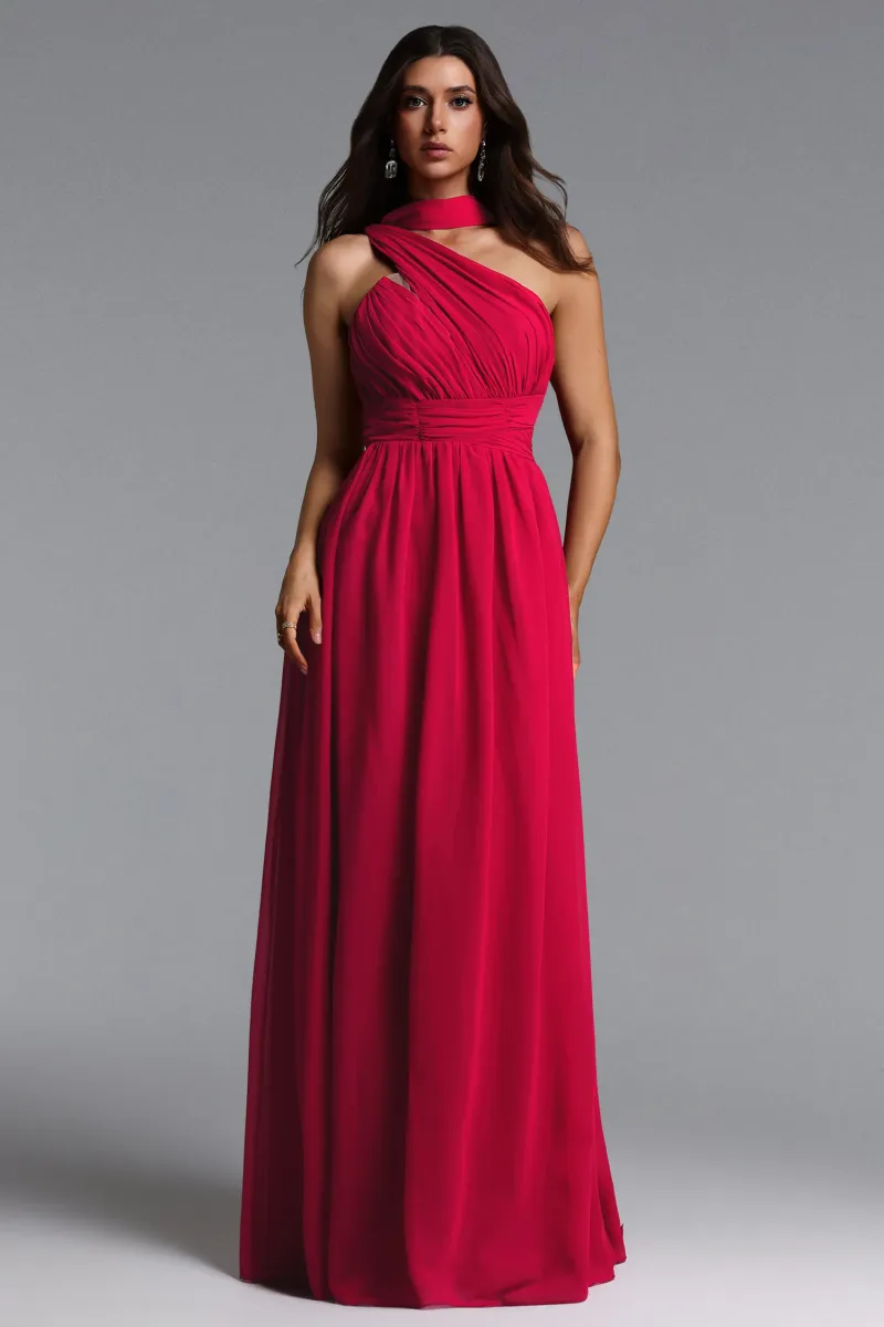 Vestido Maxi Naida Elegante Ombro Único Lenço Plissado