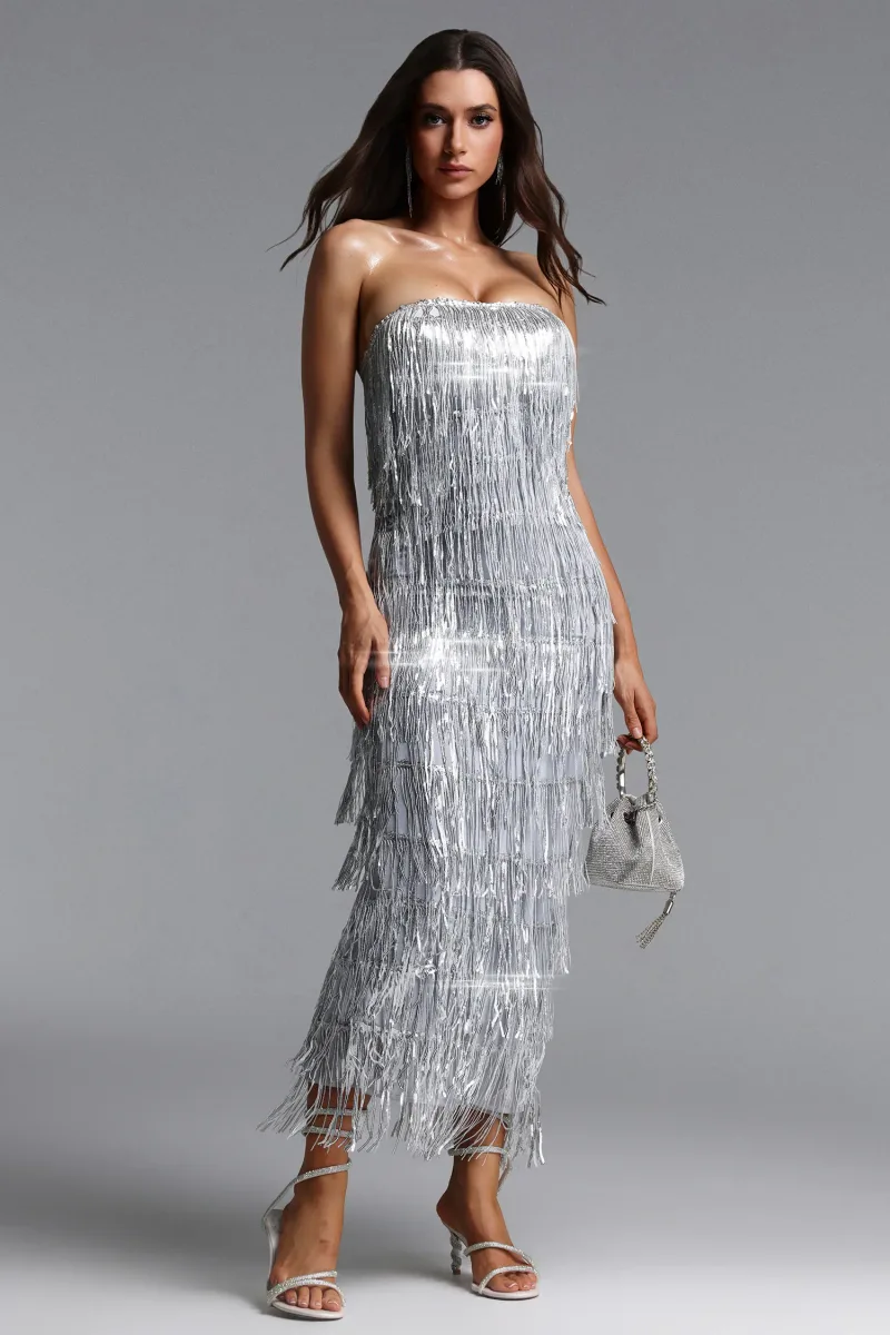 Vestido Maxi Harriet com Franjas e Decote Strapless