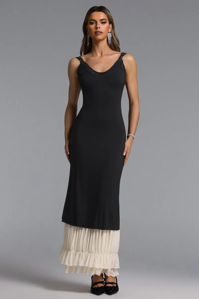 Vestido Maxi Elosie com Decote V e Renda Contrastante