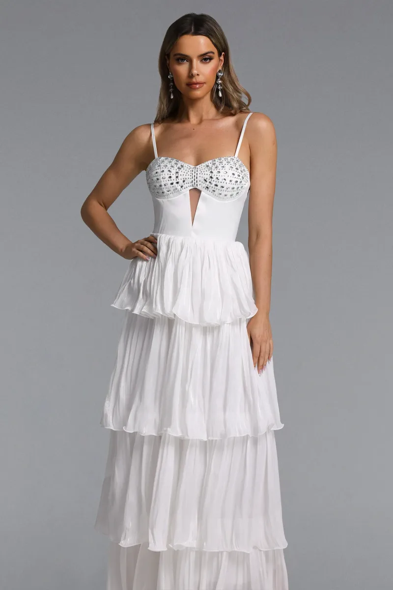 Vestido Maxi Slaia com Recortes e Strass em Camadas