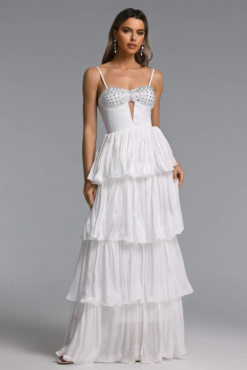 Vestido Maxi Slaia com Recortes e Strass em Camadas