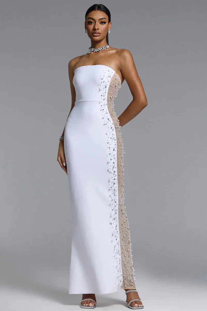 Vestido Maxi Milena com Pérolas e Strass em Tecido Bandagem
