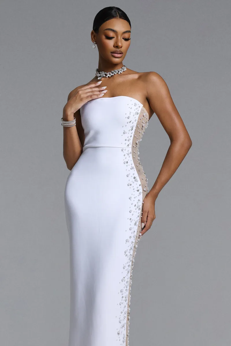 Vestido Maxi Milena com Pérolas e Strass em Tecido Bandagem
