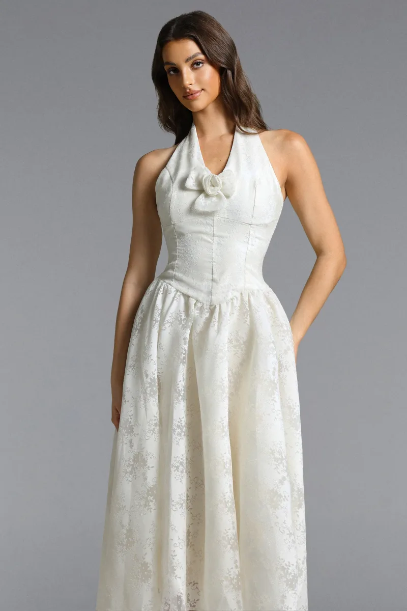 Vestido Longo Delaney com Amarração ao Pescoço e Jacquard Floral