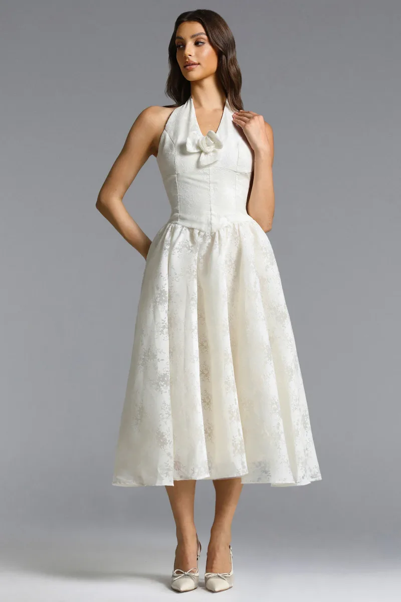Vestido Longo Delaney com Amarração ao Pescoço e Jacquard Floral