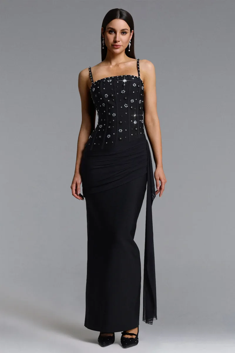 Vestido Maxi Jyllian Elegante Sem Alças com Strass Bandage
