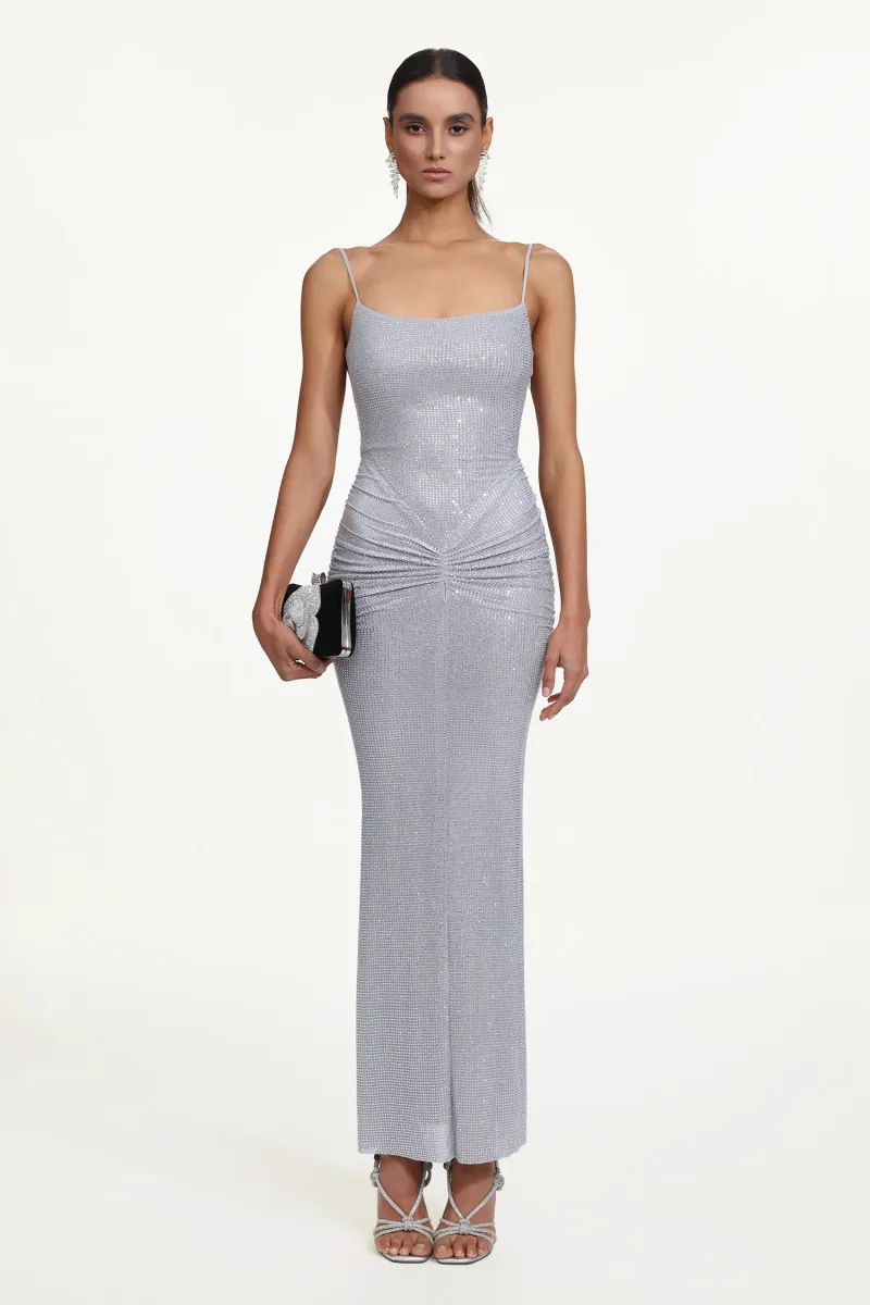 Vestido Maxi Rcia Chic Sem Alças com Franzido e Cristais