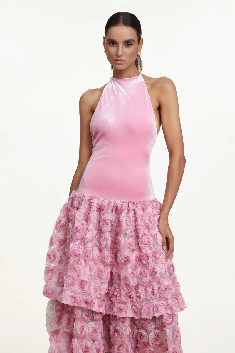 Vestido Maxi Gunnhild Romântico Halter com Veludo Floral