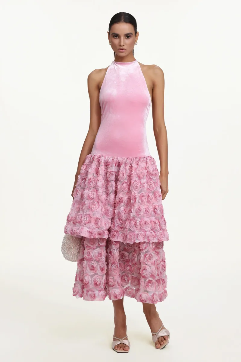 Vestido Maxi Gunnhild Romântico Halter com Veludo Floral