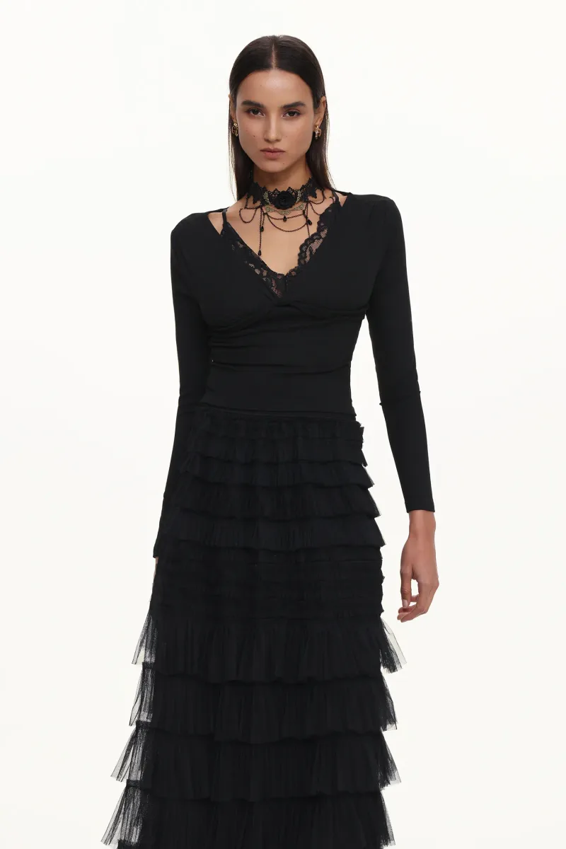 Vestido Maxi Tihila em Renda com Decote V e Manga Longa