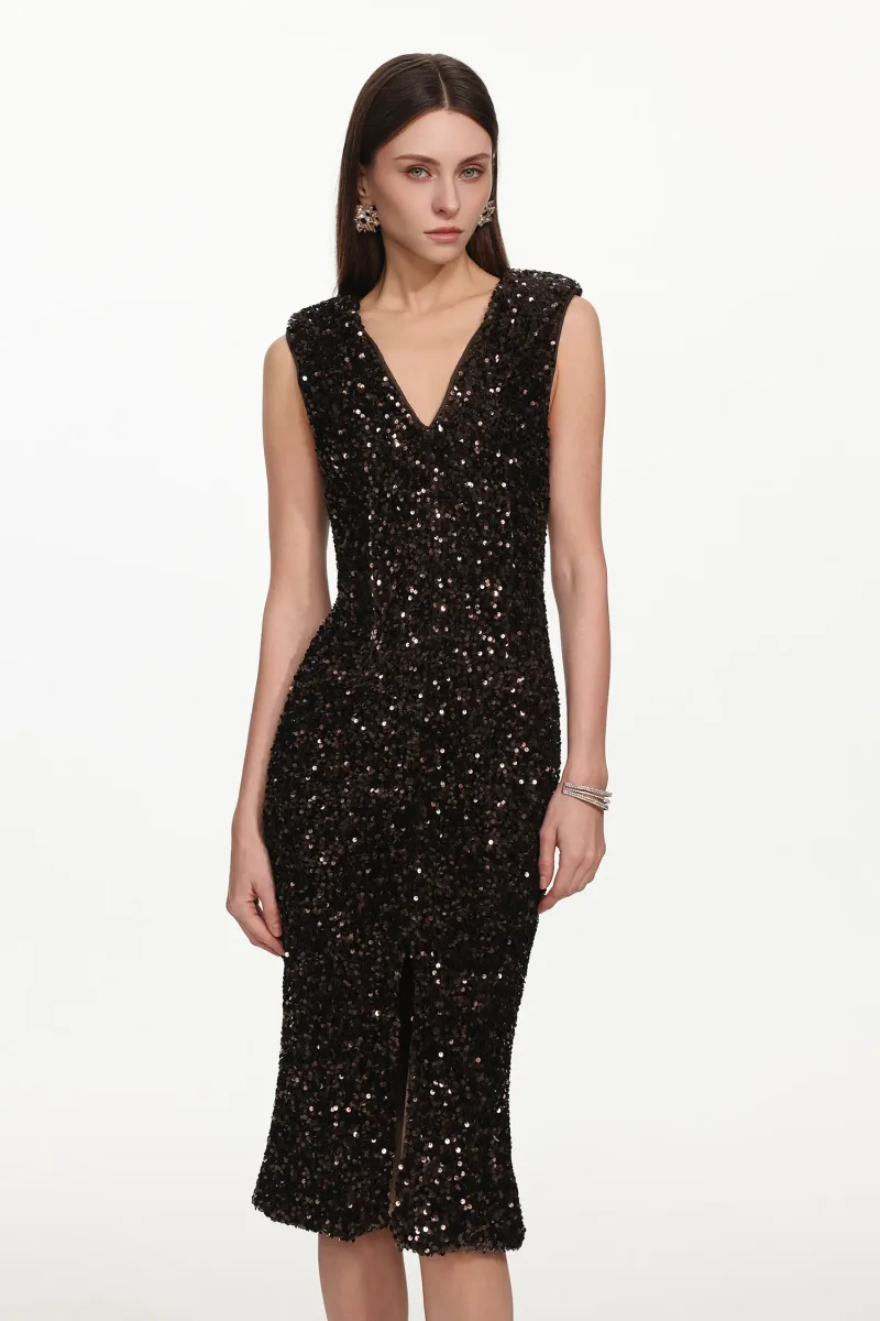 Vestido Midi Viney com Decote V e Paetês