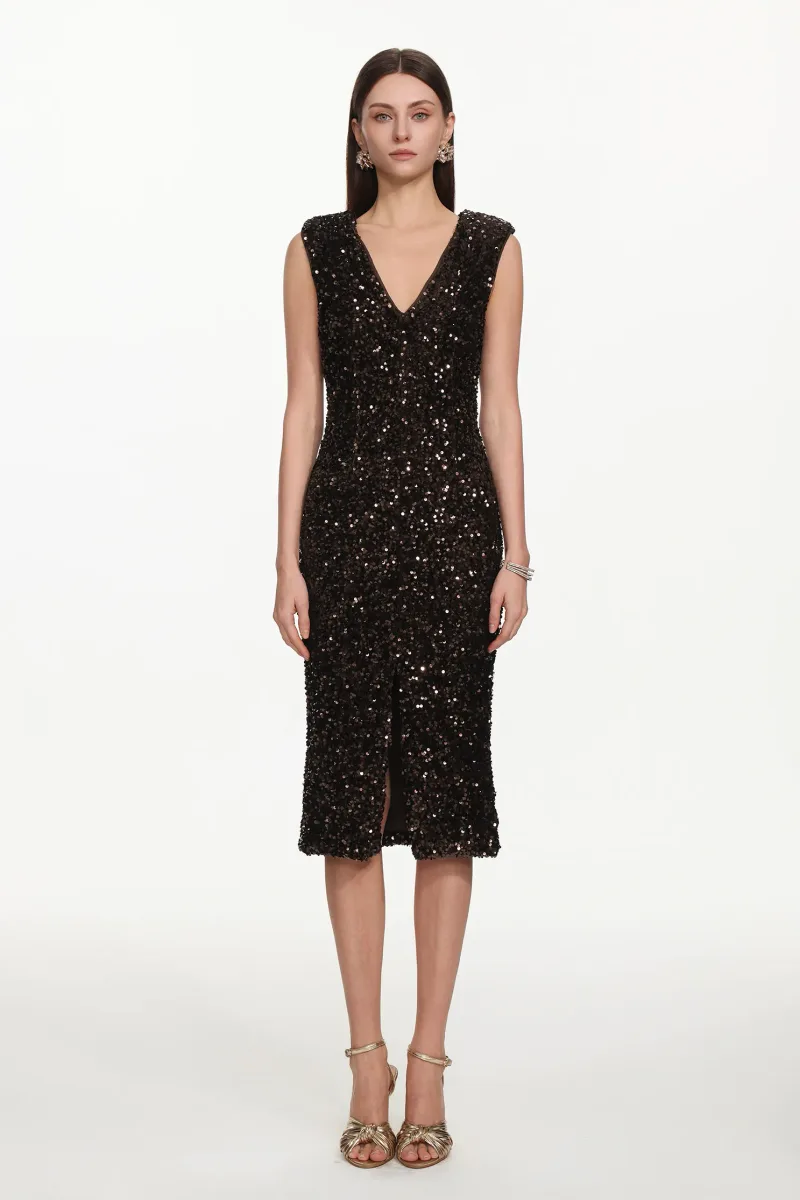 Vestido Midi Viney com Decote V e Paetês