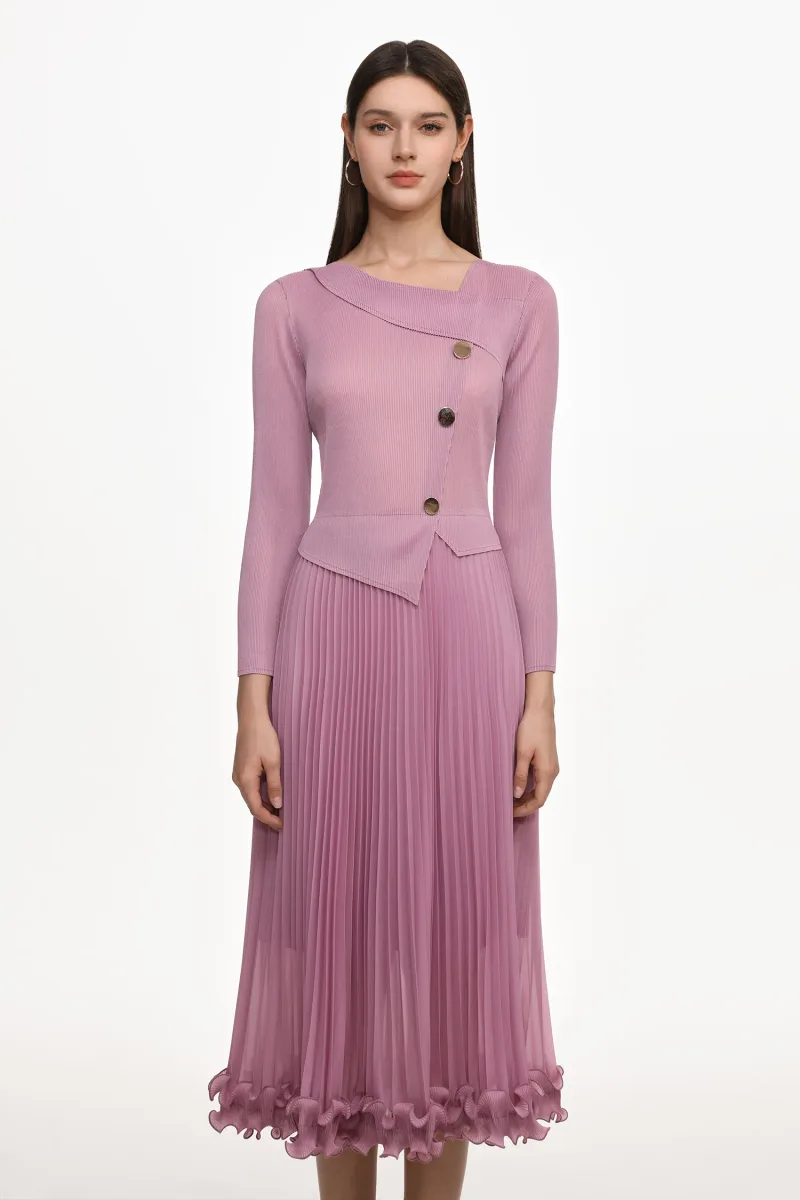 Vestido Maxi Lalie Resort Manga Longa com Babado e Pregas em Tricô