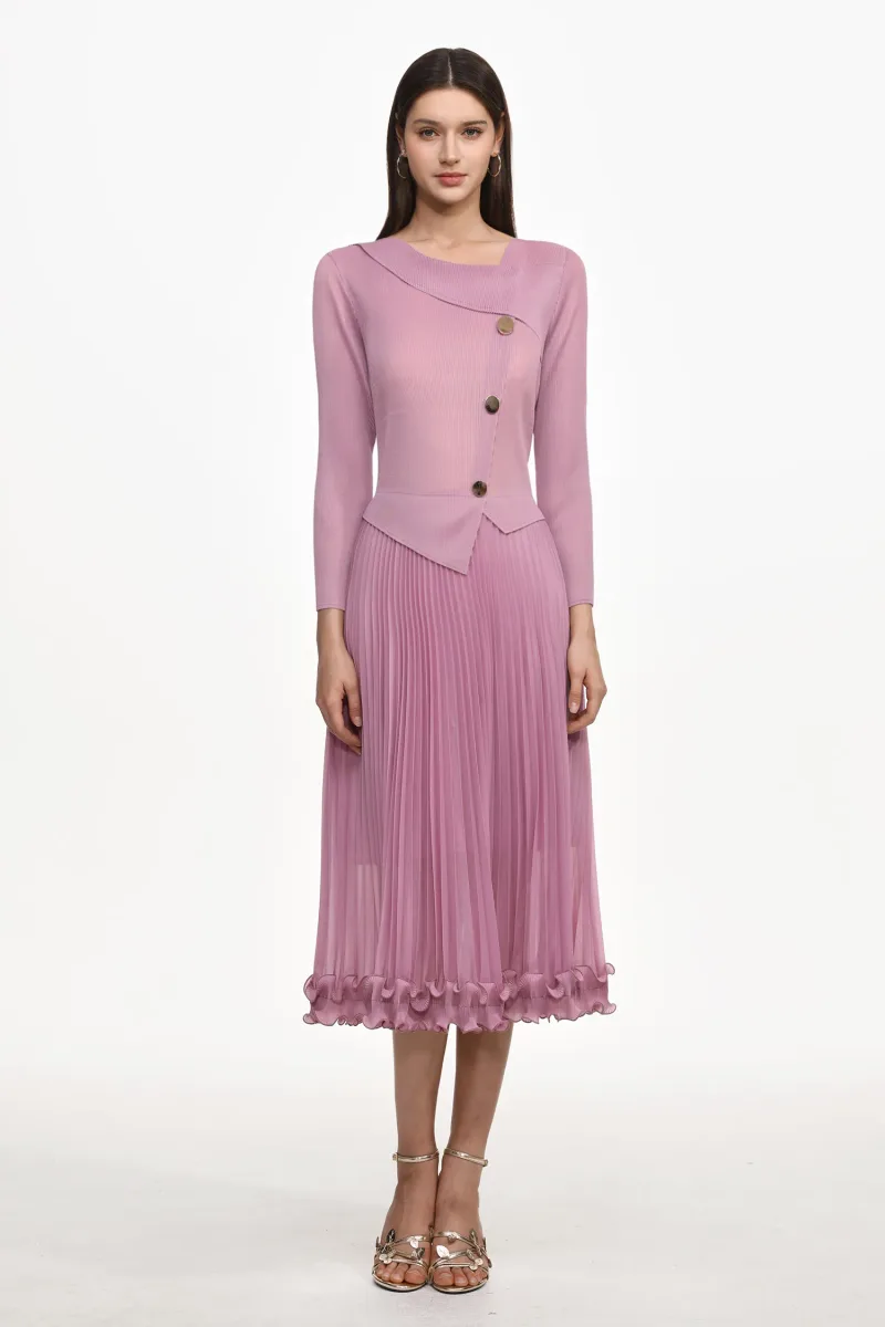 Vestido Maxi Lalie Resort Manga Longa com Babado e Pregas em Tricô