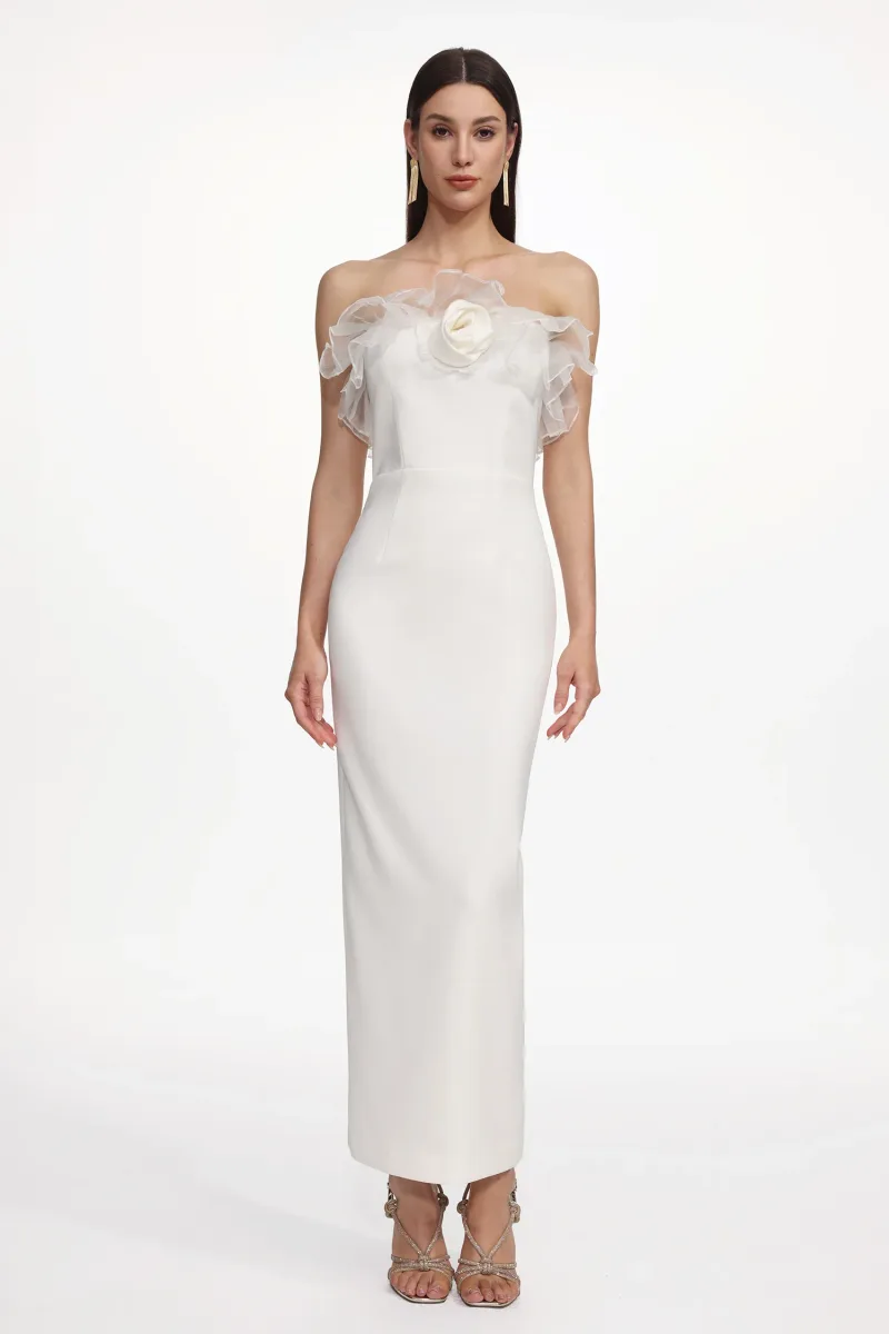 Vestido Maxi Oana Elegant Contorno Sem Alças com Babado e Flores